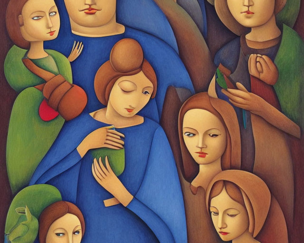 Stylized painting of seven figures with elongated faces in warm palette