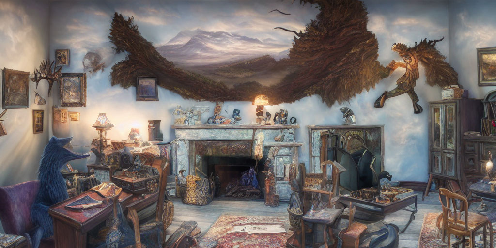 Whimsical room with magical creatures and vintage furniture