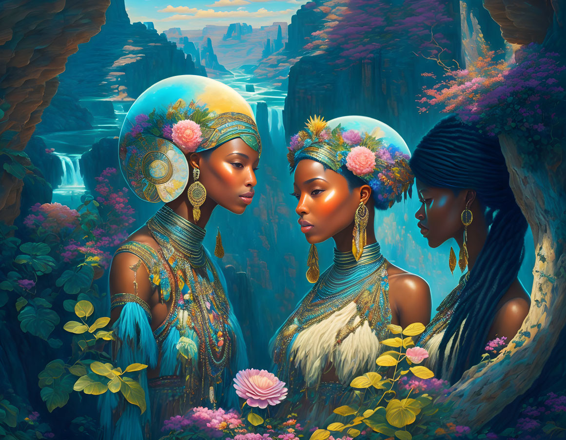 Three women in ornate headdresses and jewelry against scenic waterfalls and canyon landscapes