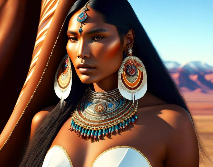 Digital Artwork: Woman with Tribal Jewelry in Desert Setting