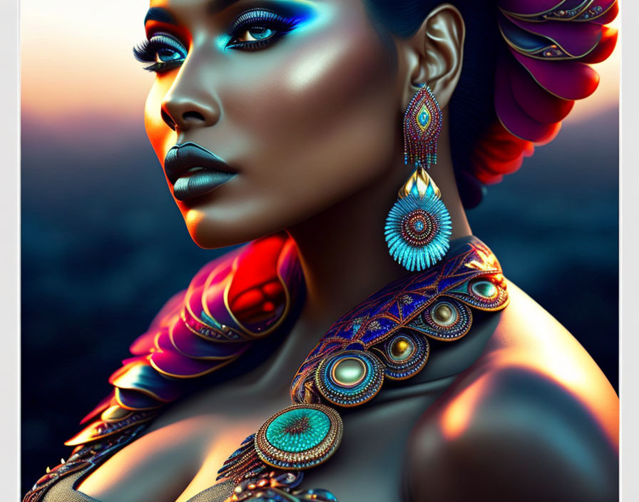 Colorful digital artwork: Woman with blue skin, ornate earrings, and detailed outfit.