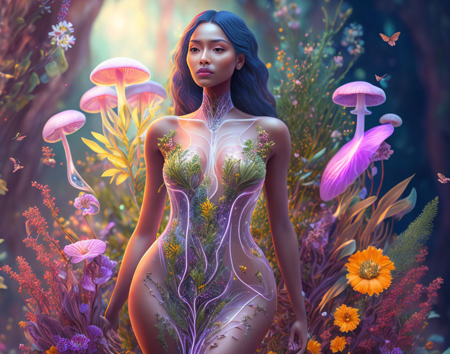 Surreal illustration: Woman with botanical elements in mystical forest