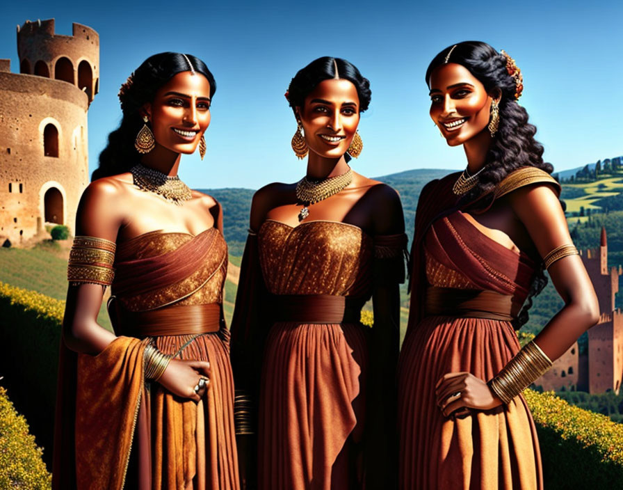 Three women in traditional attire with matching jewelry in front of a castle and scenic landscape