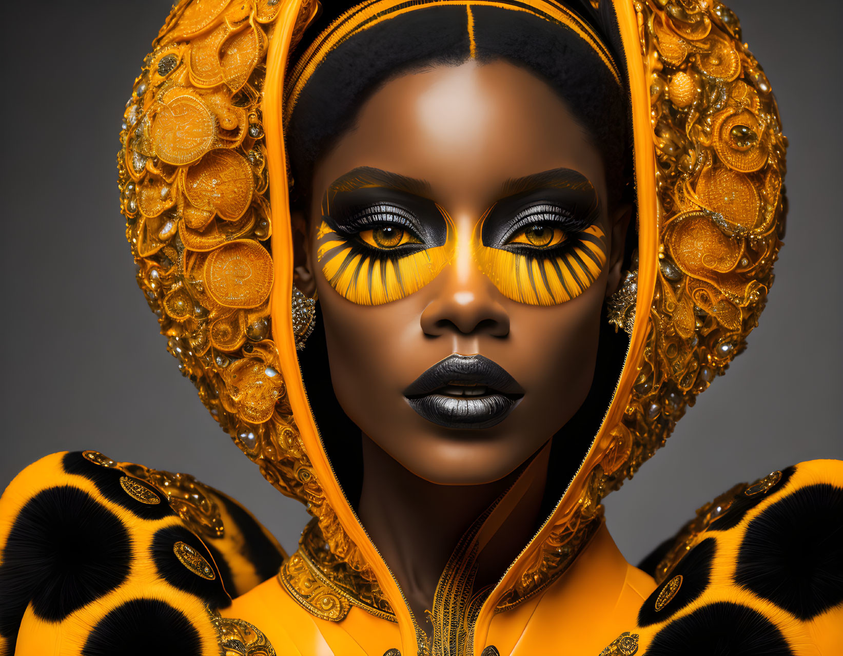 Elaborate Golden Headgear and Yellow/Black Makeup Portray Regal Presence