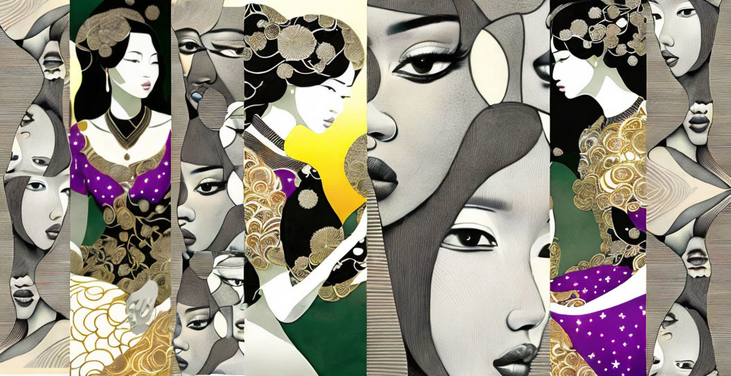 Stylized Female Figures in Purple, Yellow, and Green Palette