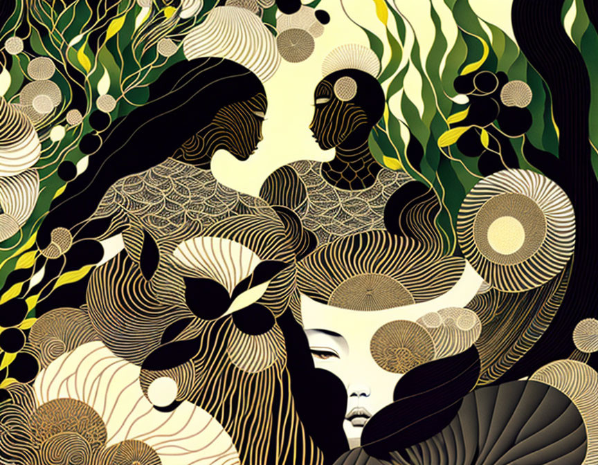 Stylized gold, black, and green illustration of figures in nature.