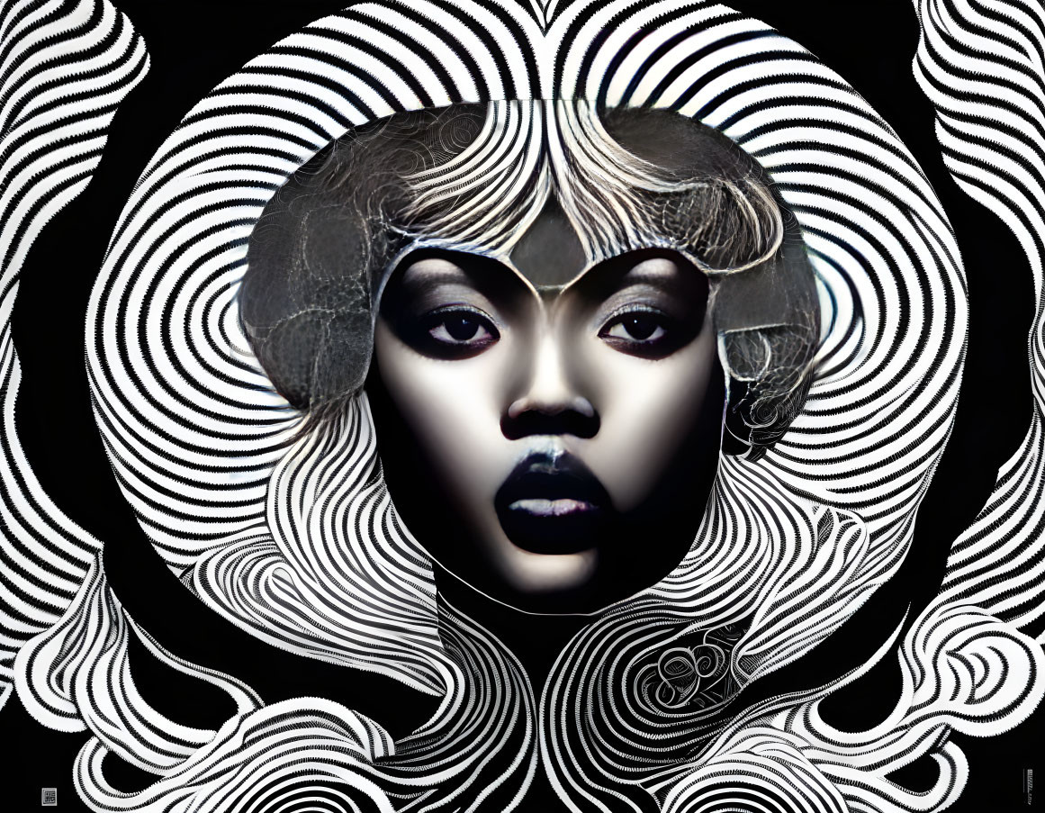 Digital Art: Exaggerated features of a woman's face in swirling black-and-white patterns.