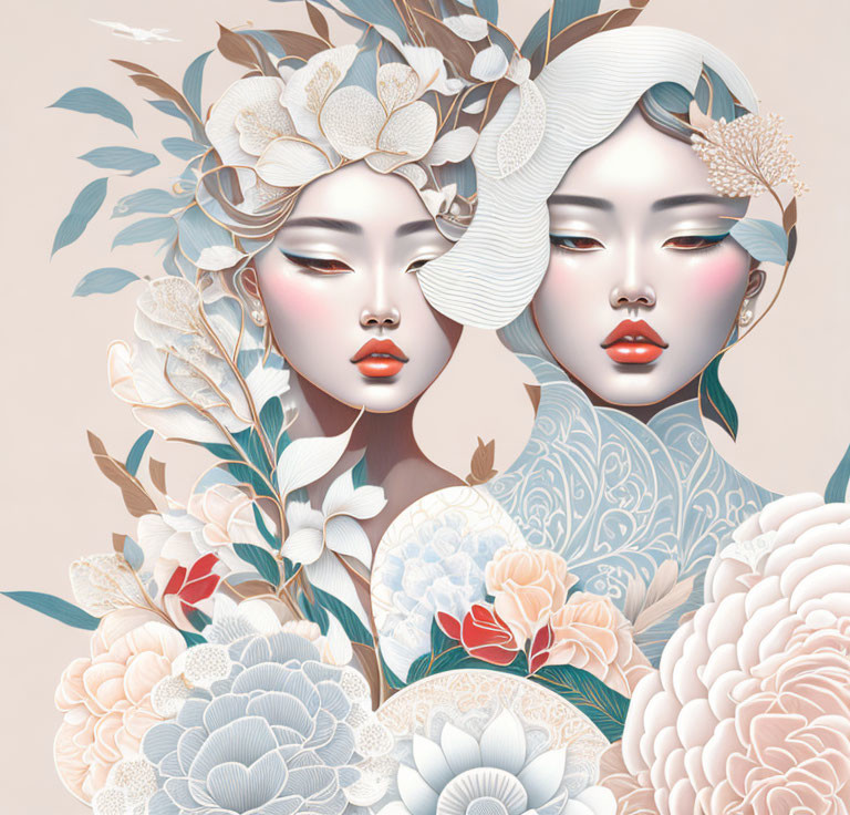 Stylized female figures with porcelain skin in floral surroundings