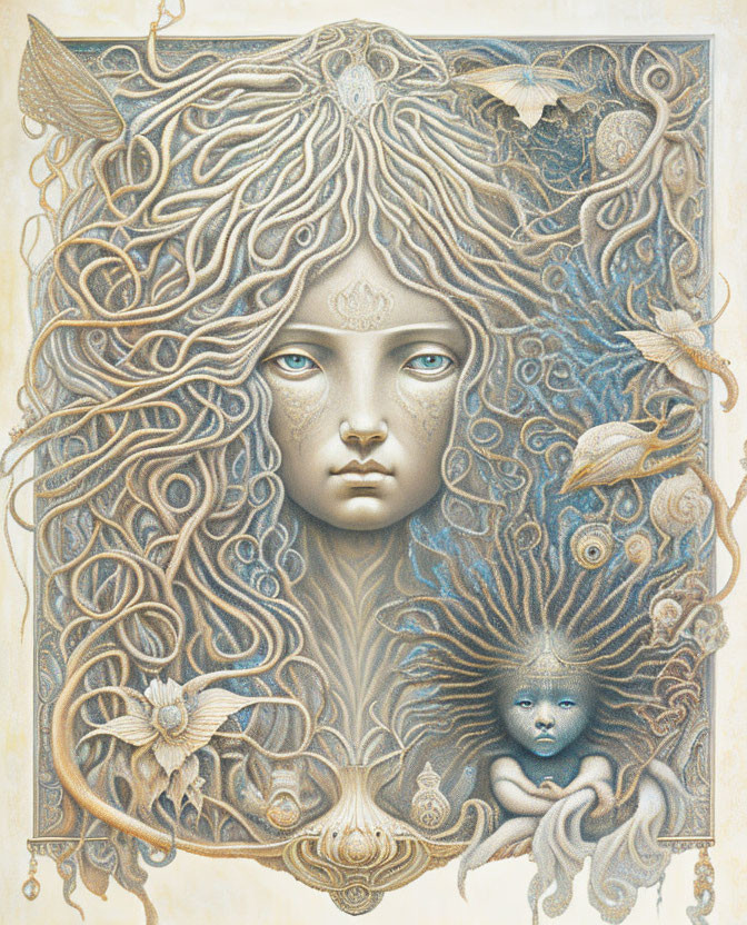 Surreal art: Face with intricate swirling hair, birds, seashells, and celestial child