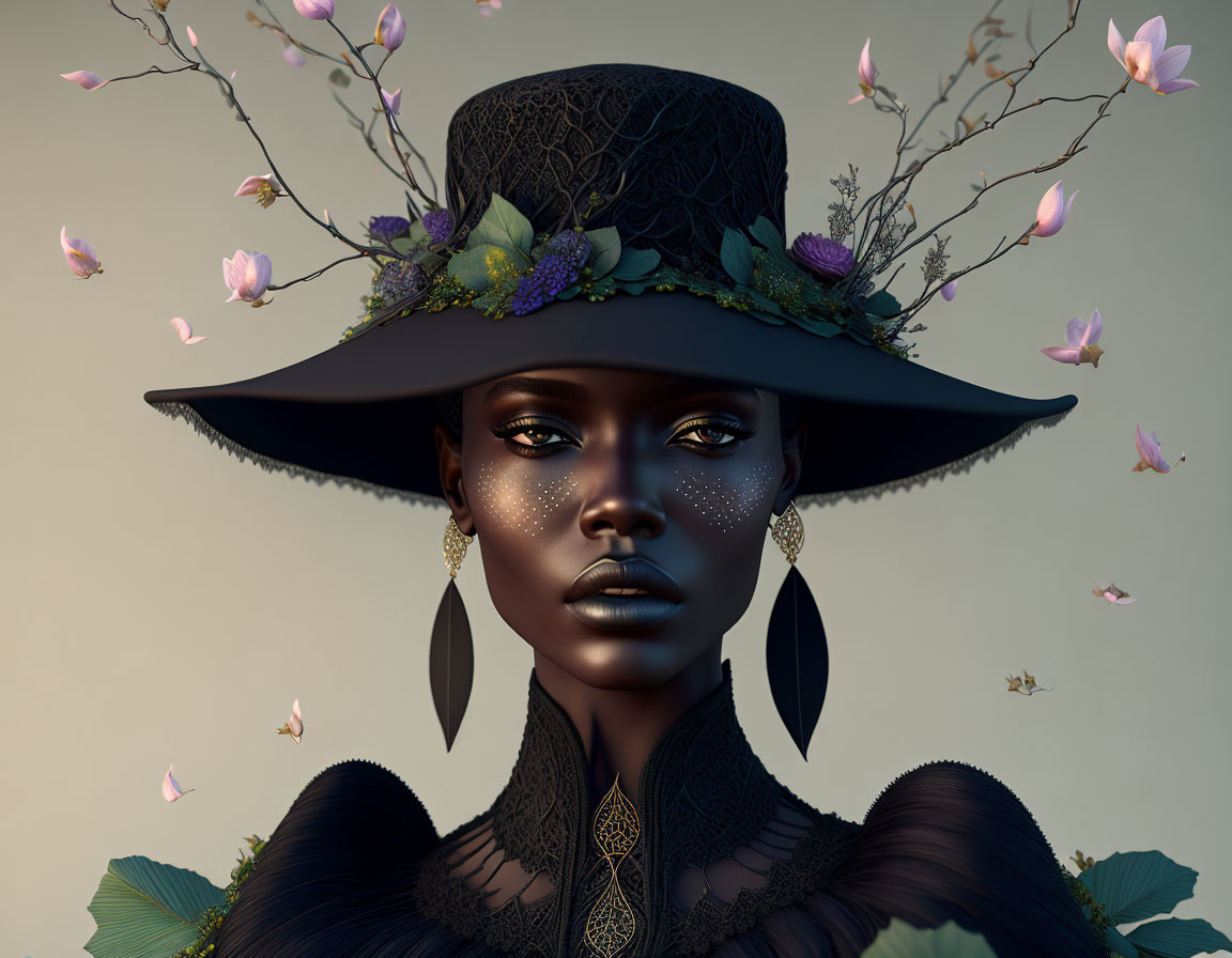 Digital artwork of woman with dark skin in wide-brimmed hat with leaves and purple flowers, surrounded