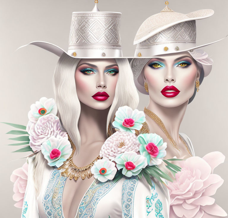 Stylized illustrations of women with elaborate makeup and floral accessories