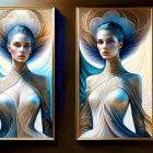 Portrait paintings of a woman with feathered wings and ornate jewelry.