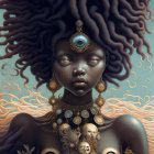 Surreal portrait of woman with dark hair, gold jewelry, third eye, and miniature faces