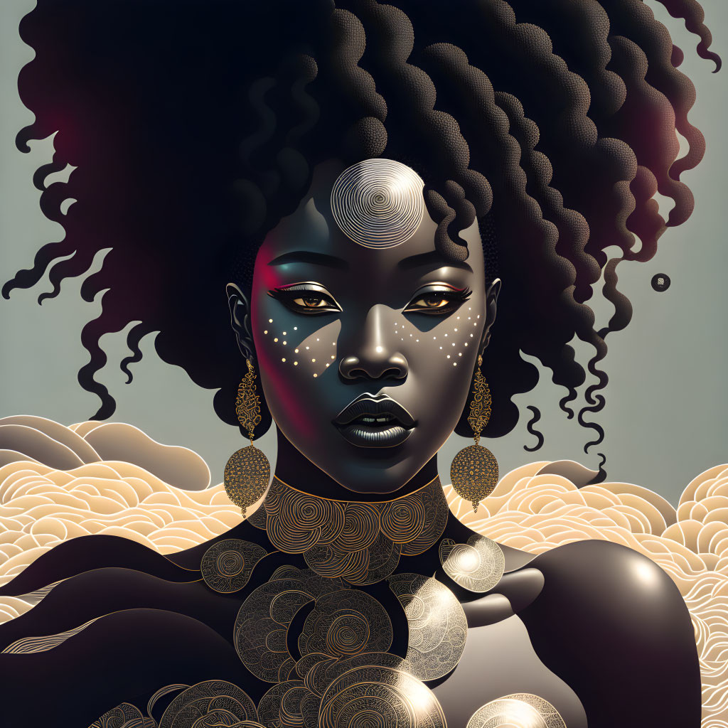 Stylized digital artwork of woman with dark skin and gold jewelry on golden-hued background