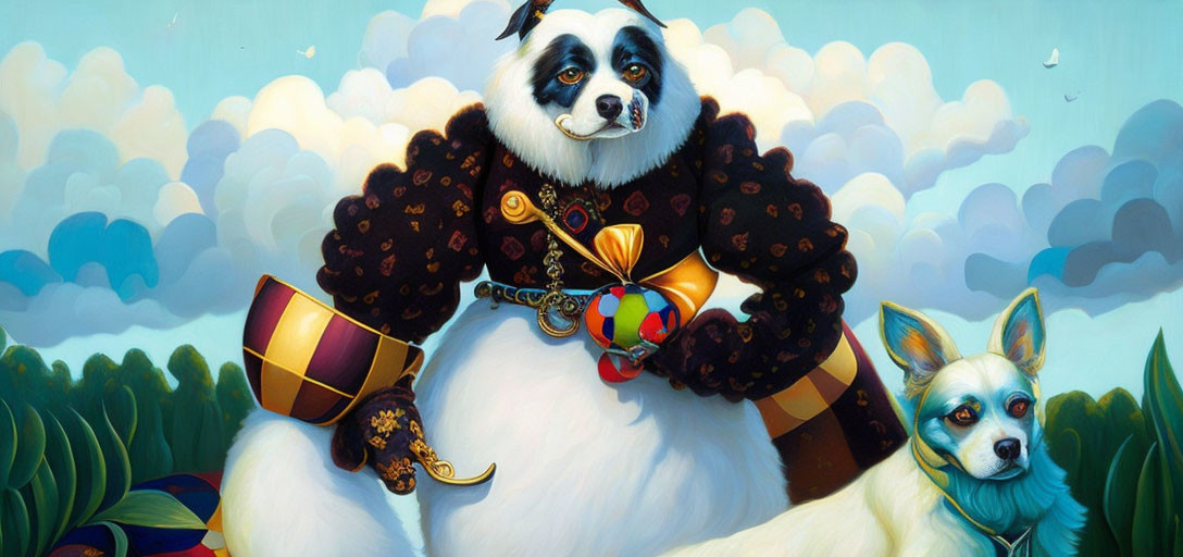 Whimsical painting of panda and canine in regal attire with scepter and medallion,