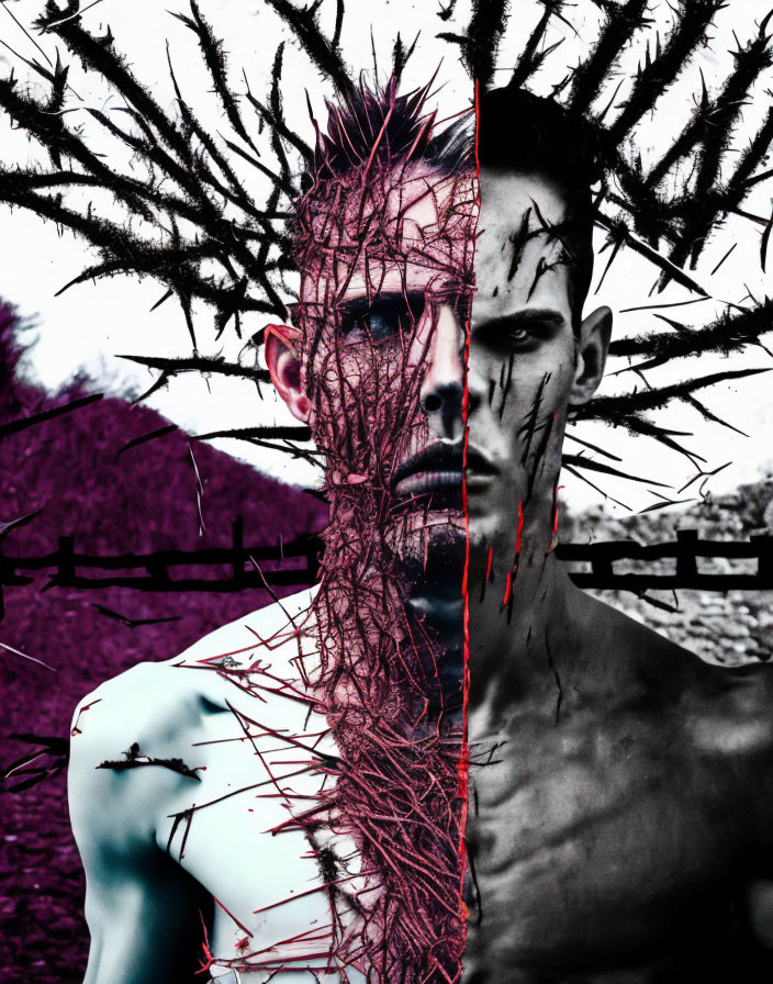 Half-color, half-monochrome man with intense gaze, red line and branch-like textures.