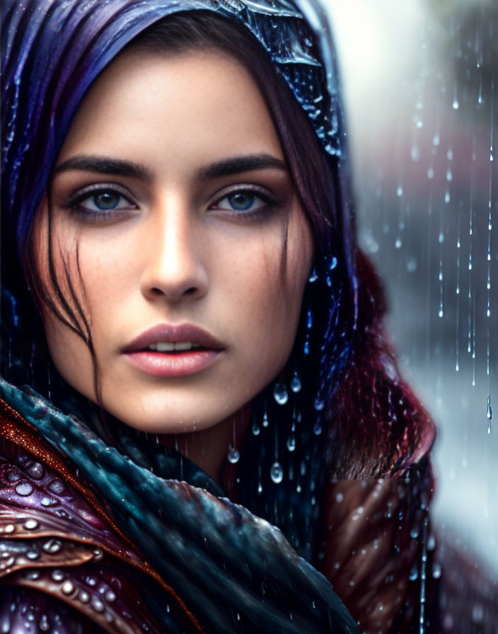 Close-up of woman with blue eyes and purple hair in rain with pensive expression