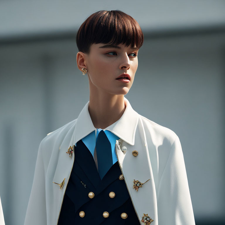 Woman with Short Bob Haircut in White Blazer and Blue Top with Gold Brooches