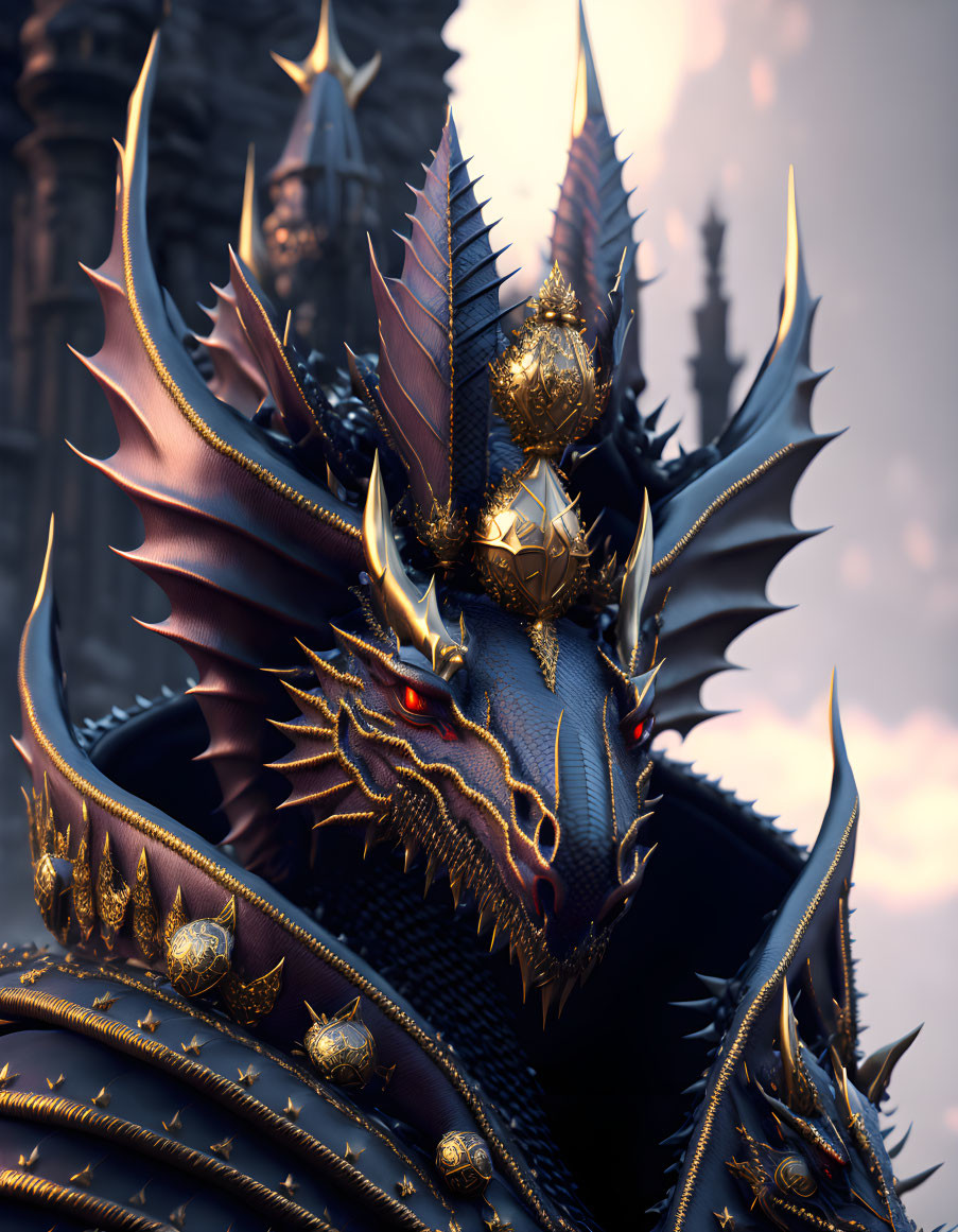 Detailed 3D Dragon Illustration in Golden Armor Against Castle Background