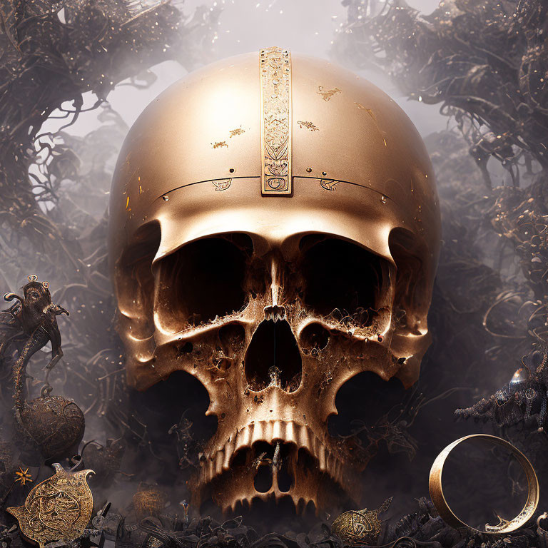 Golden skull surrounded by dark, ornate figures and symbols - mystical and gothic elegance