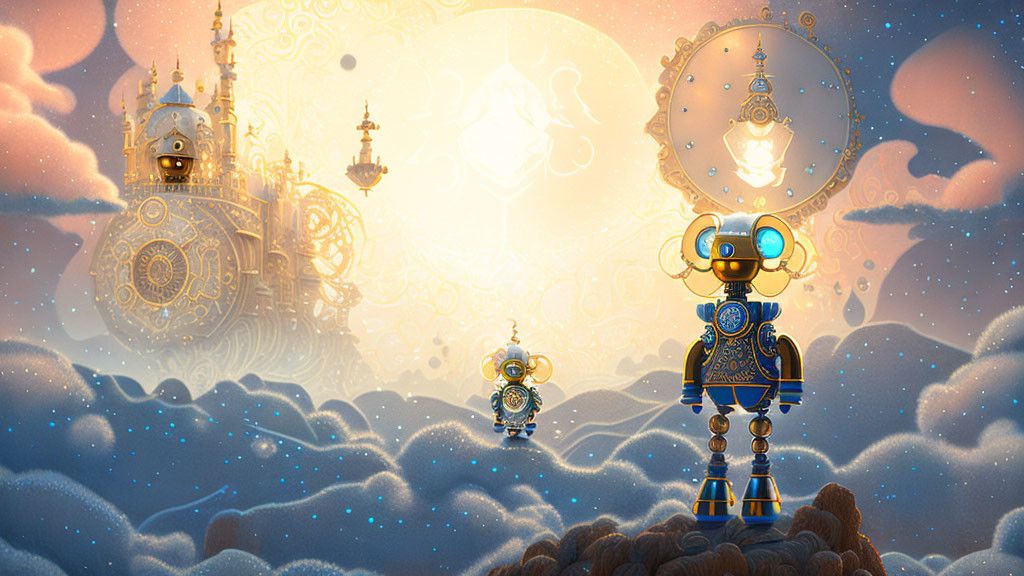 Golden robots and floating castles in celestial setting