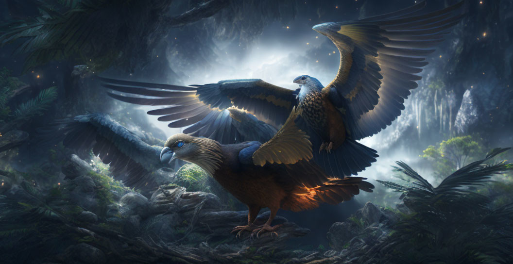 Majestic birds with extended wings in mystical forest scenery