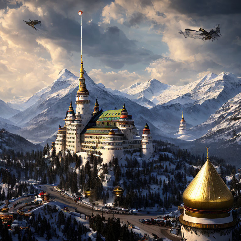 Snowy Mountain Fantasy Castle with Helicopters and Vehicles