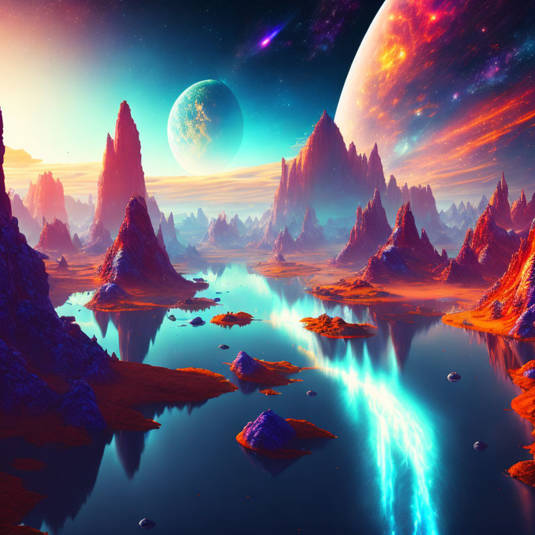 Colorful Alien Landscape with Rock Formations and Celestial Bodies