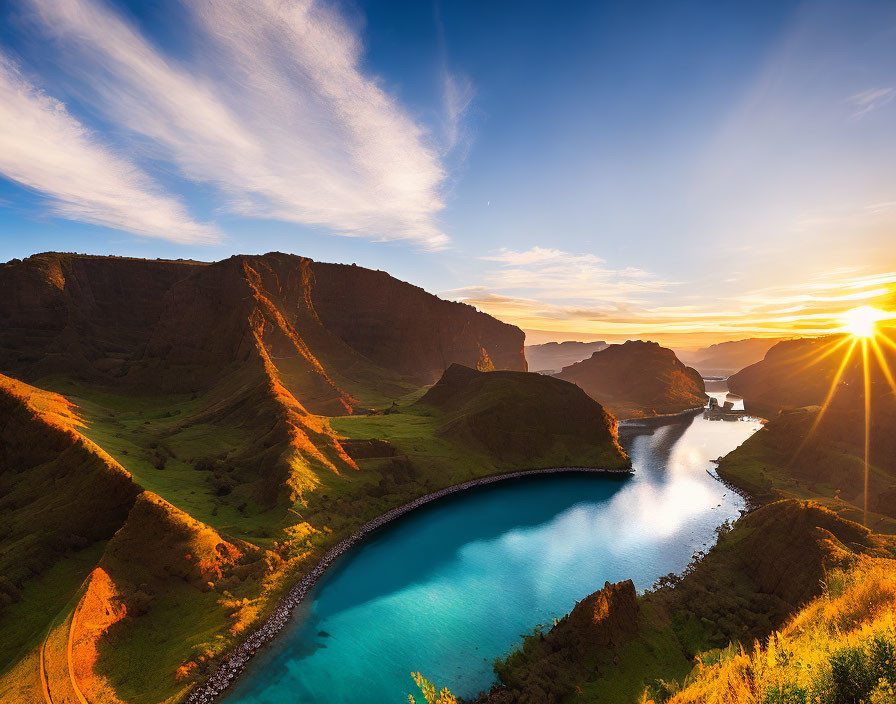 Tranquil bay at sunrise with cliffs and lush greenery