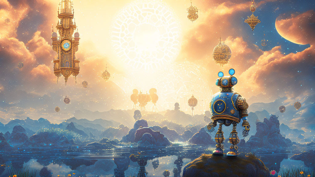 Steampunk robot in mystical landscape with clock tower and airships