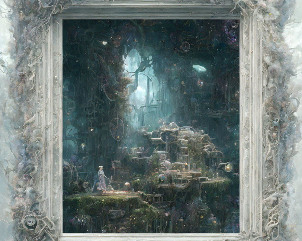 Square Framed Ethereal Artwork of Mystical Forest with Floating Islands and Glowing Orbs