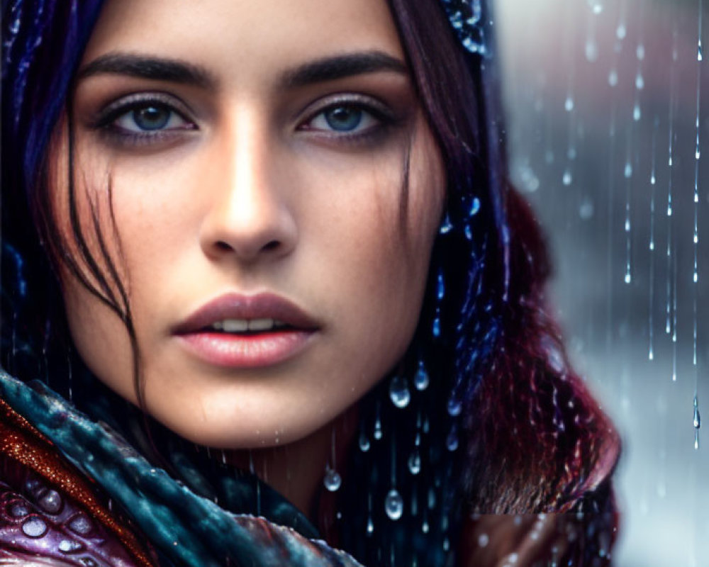 Close-up of woman with blue eyes and purple hair in rain with pensive expression