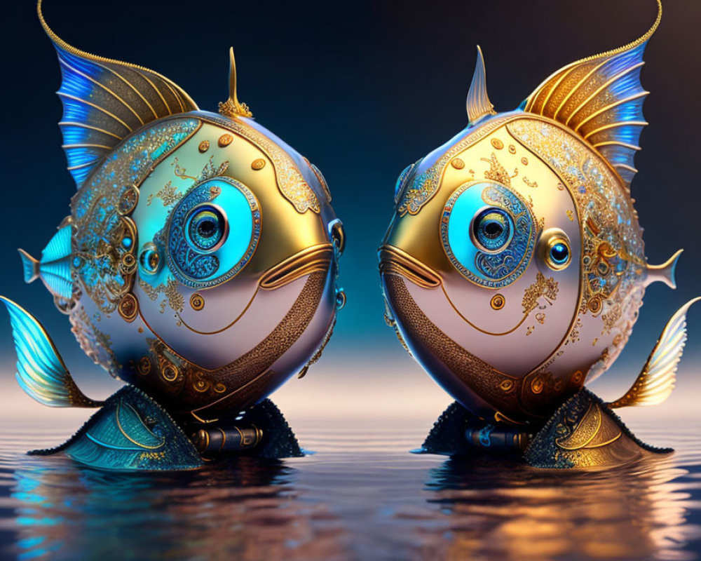 Steampunk-style metallic fish with intricate patterns on blue background