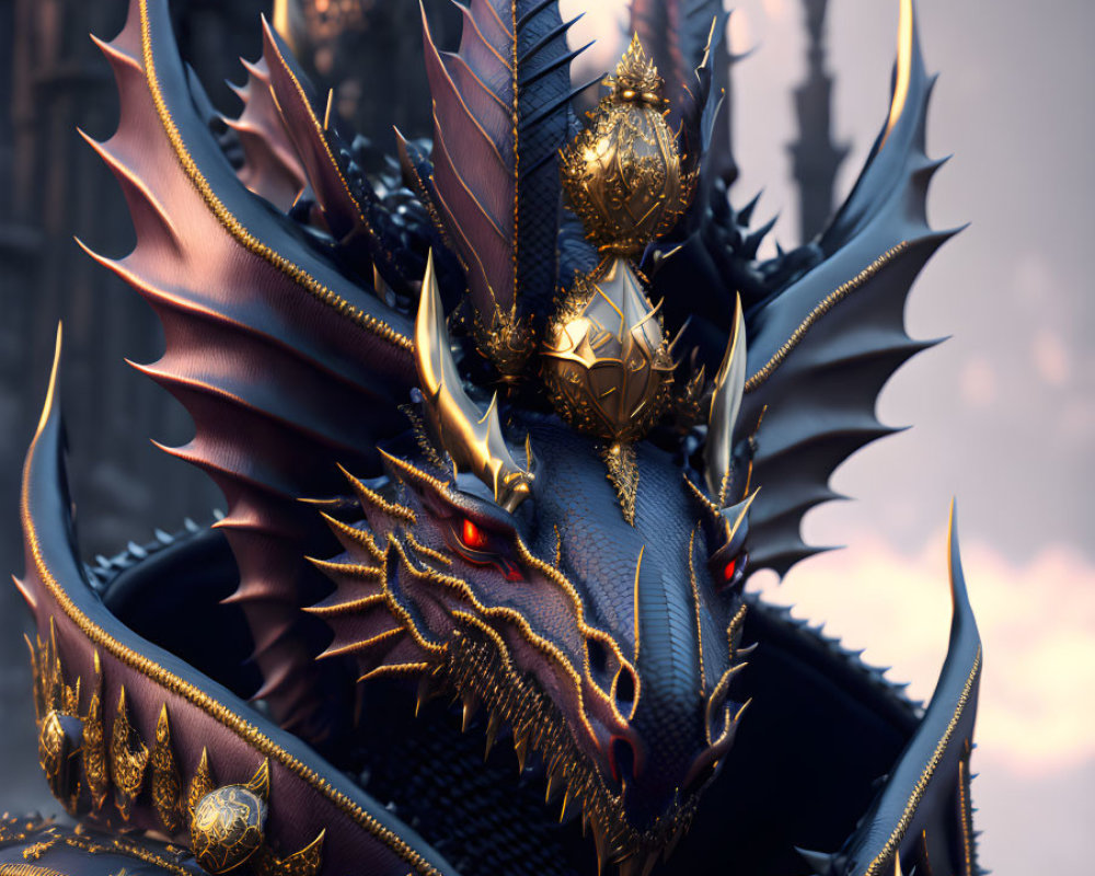 Detailed 3D Dragon Illustration in Golden Armor Against Castle Background