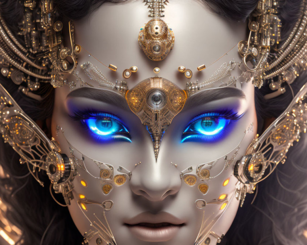 Female figure with golden mechanical embellishments and blue eyes - futuristic sci-fi aesthetic