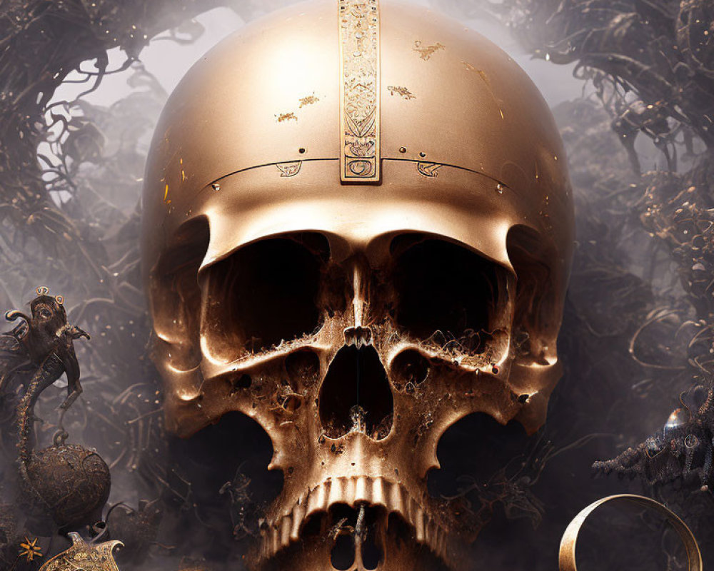 Golden skull surrounded by dark, ornate figures and symbols - mystical and gothic elegance