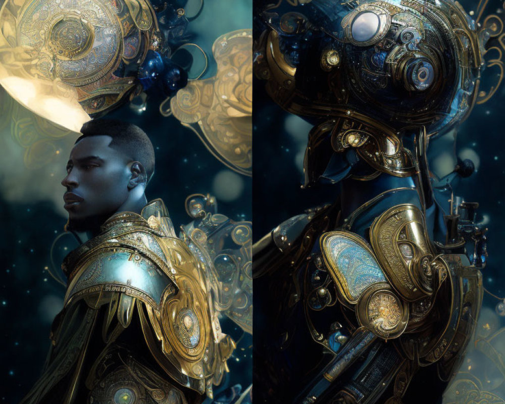 Split Image: Golden Armor vs. Steampunk Mech in Cosmic Scene