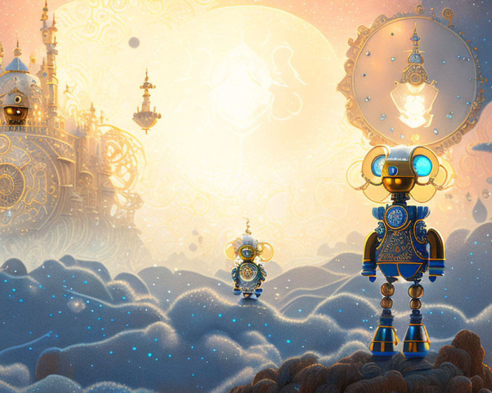 Golden robots and floating castles in celestial setting