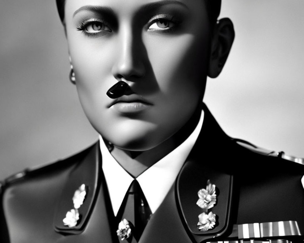 Monochrome portrait of person in decorated military uniform