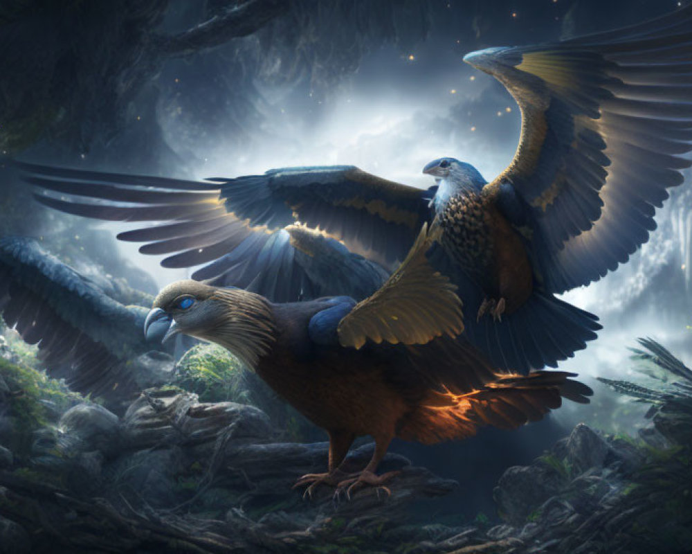 Majestic birds with extended wings in mystical forest scenery