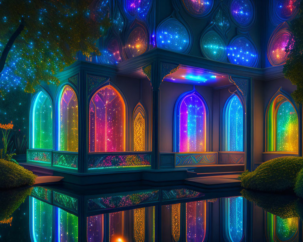 Enchanting Night Scene: Illuminated Pavilion in Tranquil Garden