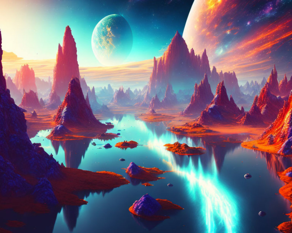 Colorful Alien Landscape with Rock Formations and Celestial Bodies