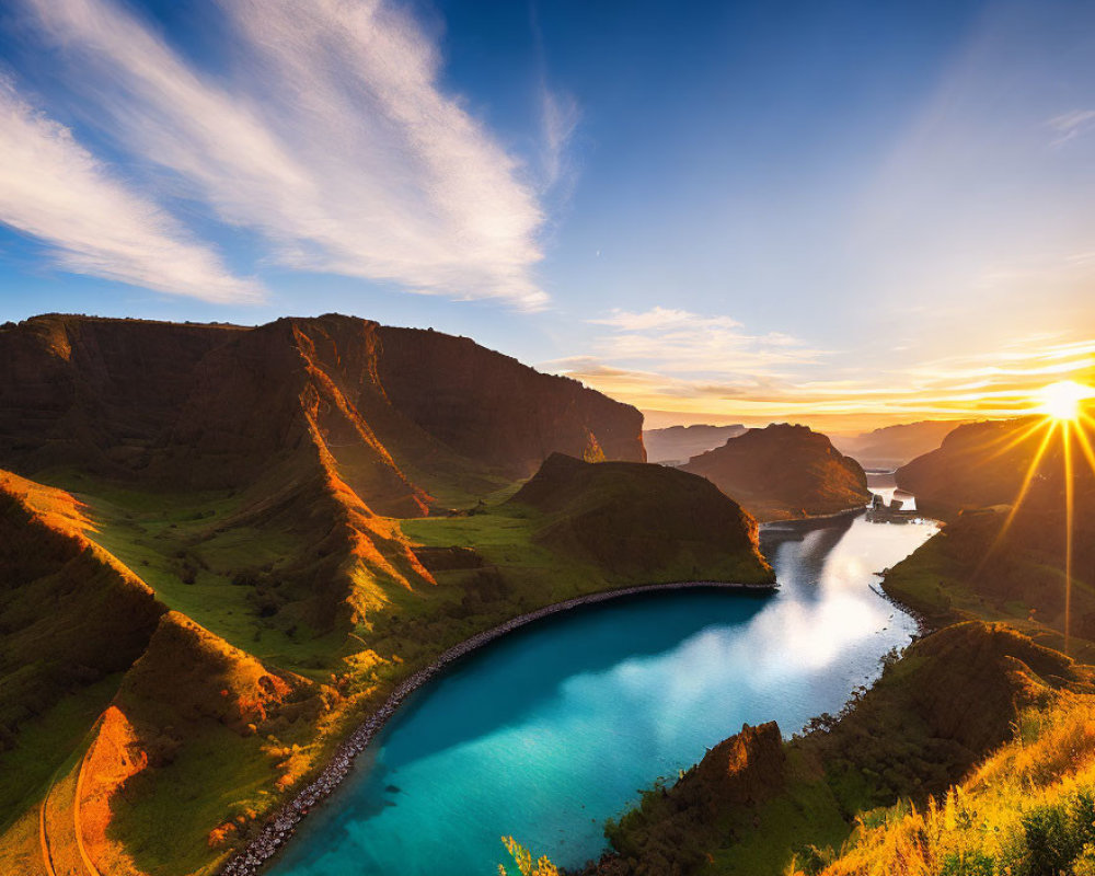 Tranquil bay at sunrise with cliffs and lush greenery