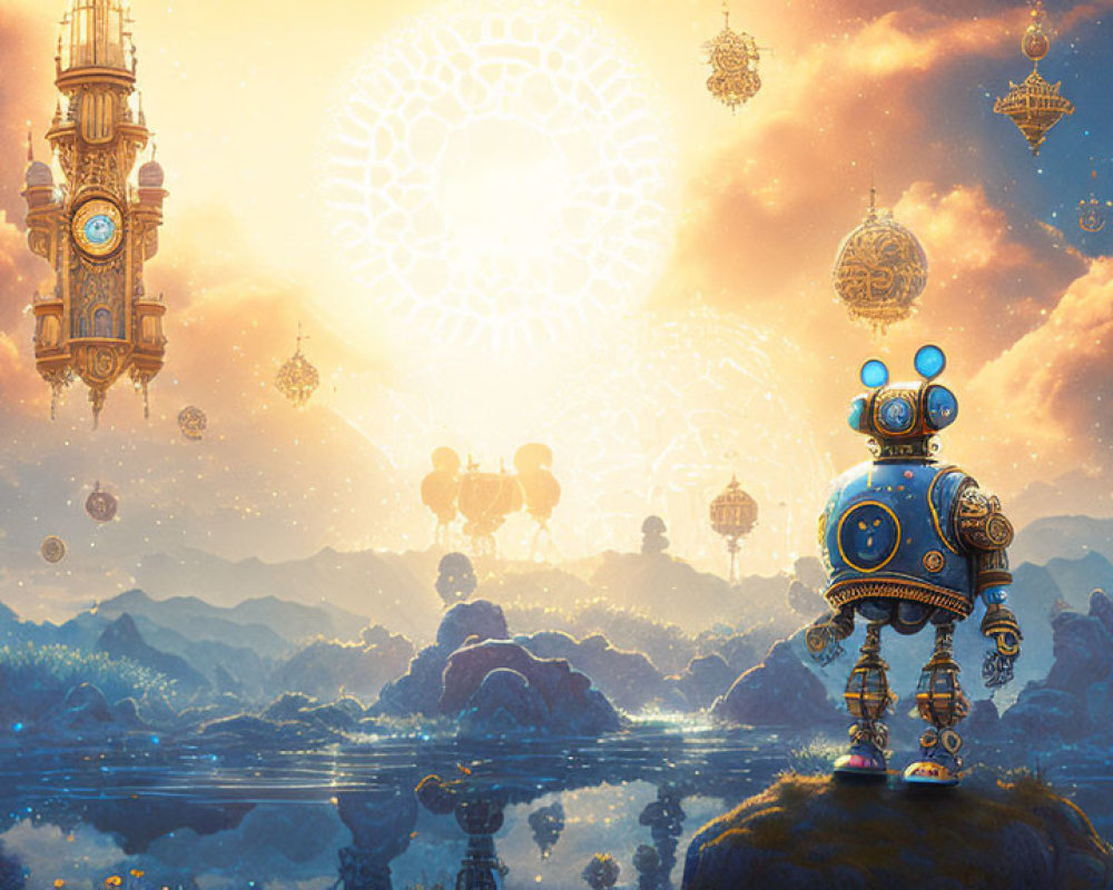 Steampunk robot in mystical landscape with clock tower and airships