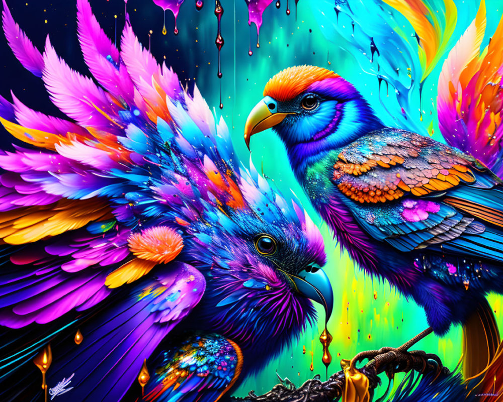 Colorful Digital Artwork Featuring Stylized Birds in Intricate Plumage