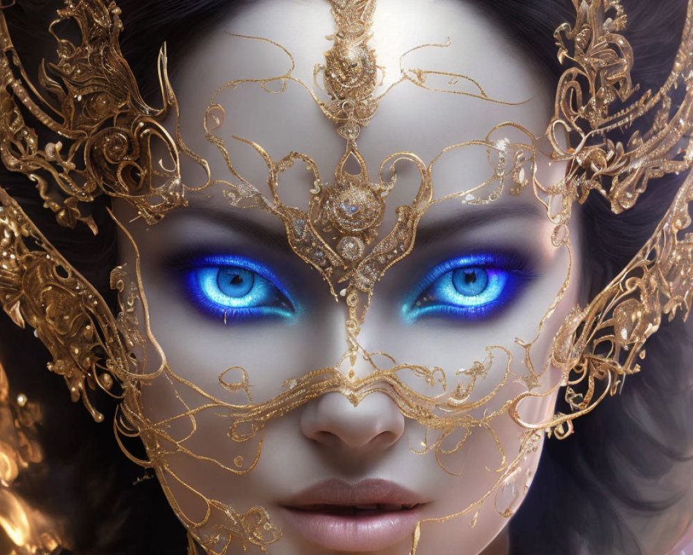 Person with Radiant Blue Eyes in Ornate Gold Mask on Soft Background
