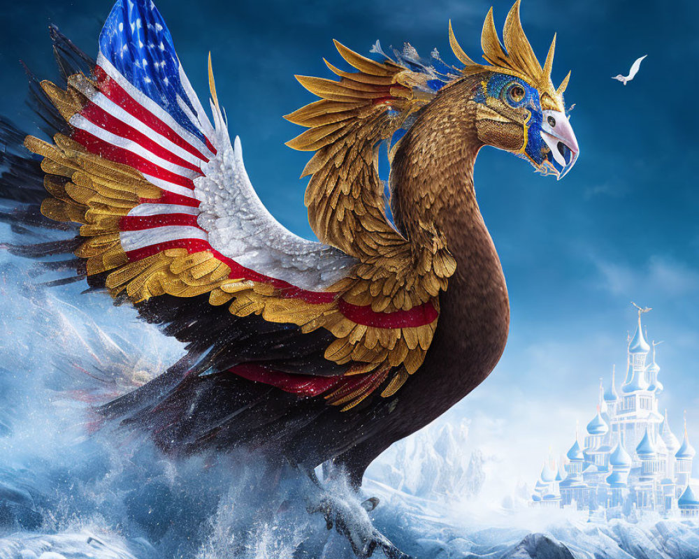 Mythical eagle with American flag wings flying over icy castle