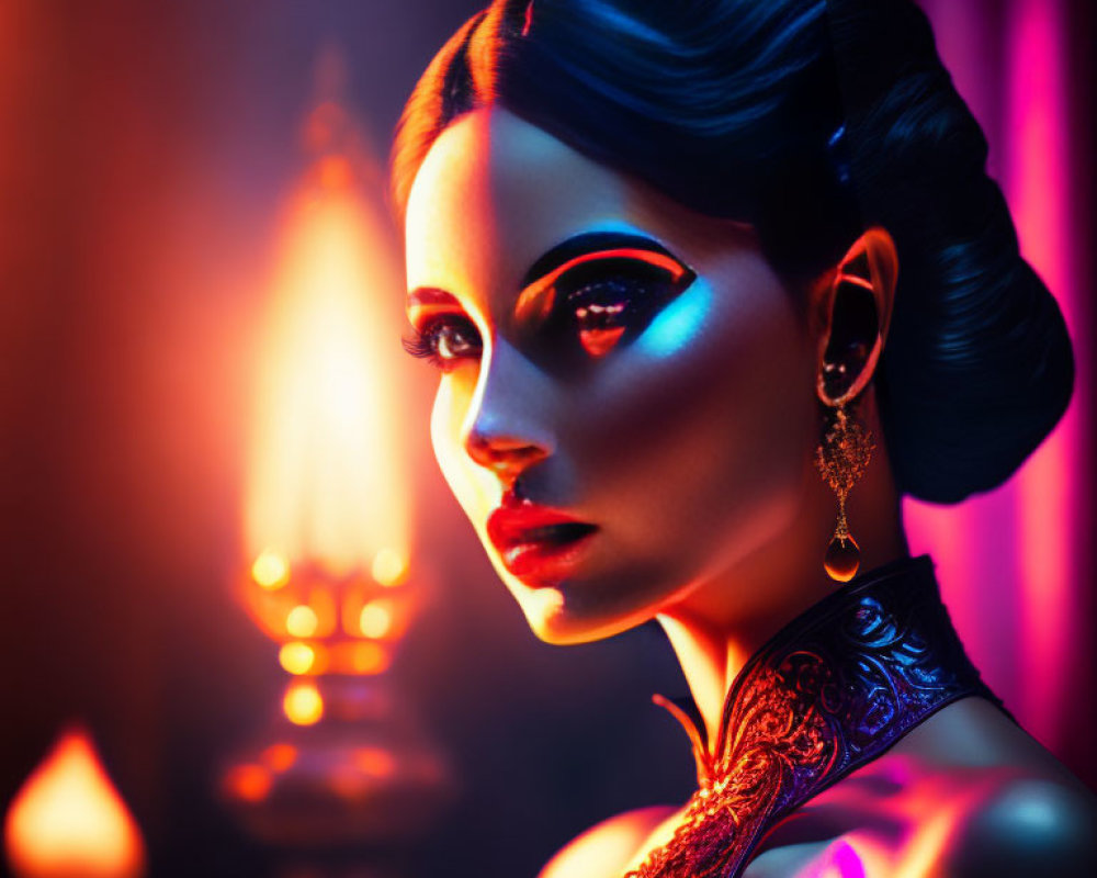 Elegant woman with dramatic blue and orange lighting