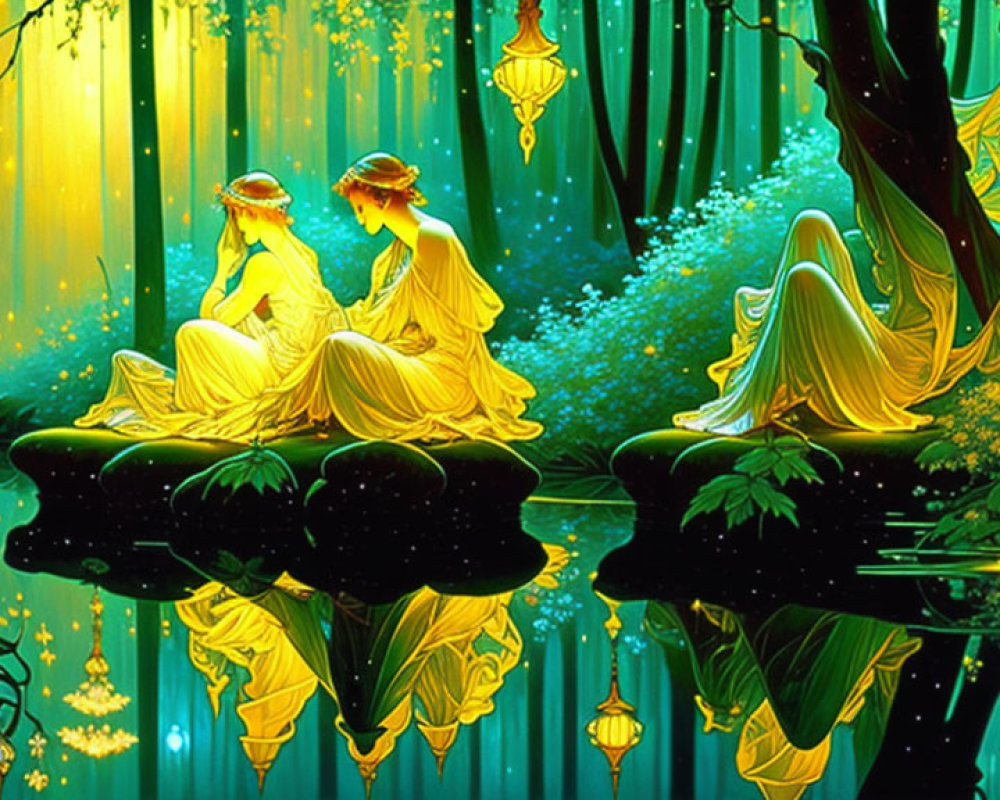 Ethereal figures in yellow dresses in luminescent fantasy forest