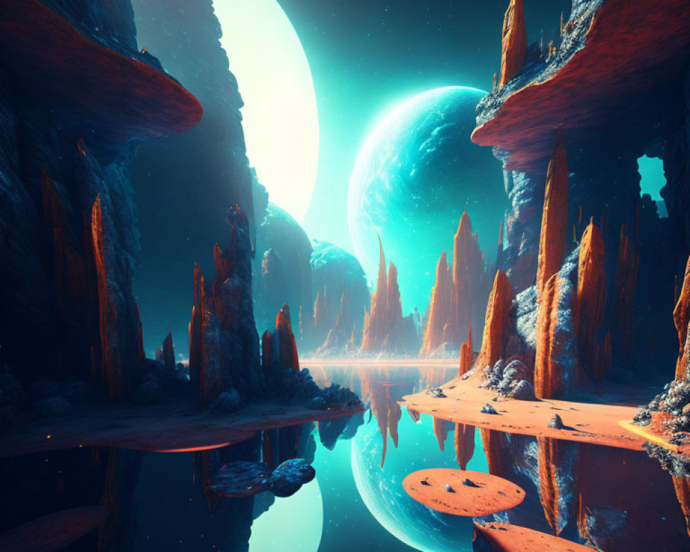 Majestic alien landscape with towering rocks and moons